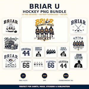 Op de afbeelding: Een digitale collectie van 20 PNG-ontwerpen met een Briar University hockeythema, met diverse illustraties van hockeyspelers, shirts, gekruiste hockeysticks en teamnamen zoals Graham, Malone's en Di Laurentis in marineblauw, geel en wit.