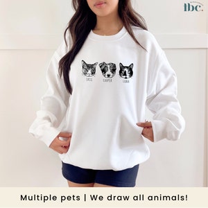 Personalized pet sweatshirt with a drawing of your pet on the left chest of sweater. Drawing of pet has pet's name placed underneath the drawing. Can add multiple pets to sweater. Comes in multiple colours and sizes.