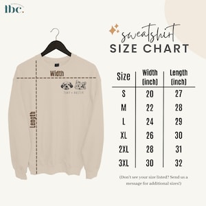 Size chart shows measurement for sweatshirt sizes from Small to 3XL.