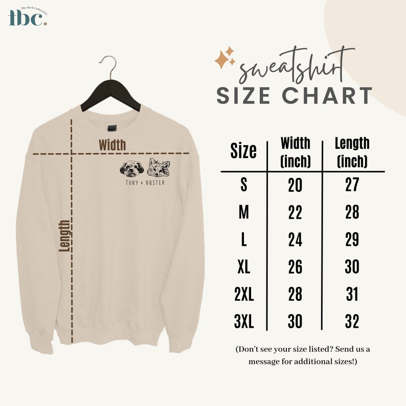 Size chart shows measurement for sweatshirt sizes from Small to 3XL.