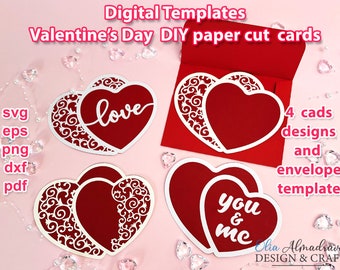 Digital SVG Templates Valentines Card for Her Him, Paper Cut Layered Beautiful Love Hearts with Envelope, Idea for Romantic Gifts, Wedding.