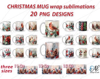 May include: Twenty sublimation designs for Christmas mugs featuring cardinals, pine cones, holly, and berries. The designs are available in three sizes: 11 ounce, 12 ounce, and 15 ounce.