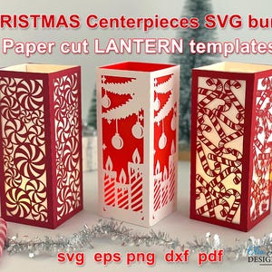 Puede incluir: Tres faroles de papel rojo y blanco con diseños recortados con temática navideña. Los faroles presentan patrones de bastones de caramelo, adornos y espirales. El texto "CHRISTMAS Centerpieces SVG bundle" y "Paper cut LANTERN templates" es visible.