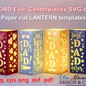 Papier gesneden Centerpieces of Luminary led lantaarns SVG-sjablonen voor papa's verjaardag, Vaderdag. DIY Cadeautips voor papa van dochter of zoon.
