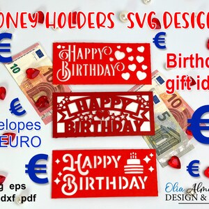 Modèles numériques anniversaire porte-monnaie pour fichier découpé en EURO, enveloppes d'argent pour elle ou lui, anniversaire argent argent liquide support papier Svg enveloppe bricolage