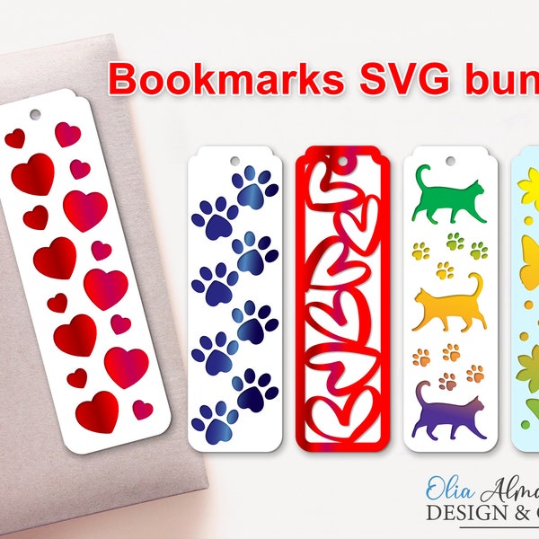 Digital SVG Designs of Bookmarks Paper cut Bundle with Hearts, Flowers, Cats, Dog Paws, Cricut Bookmark Template, gift idea for her or him.