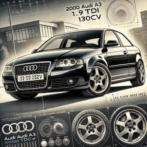 以下が含まれることがあります： シルバーリムの黒い2000 Audi A3 1.9 TDI 130CV車。画像には、車のフロント、側面、ホイールの詳細、および「2000 Audi A3 1.9 TDI 130CV」というテキストとナンバープレート「22 DD 232V」が含まれています。