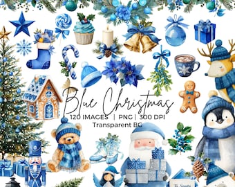May include: A collection of watercolor Christmas-themed graphics in shades of blue. The image includes a Christmas tree, Santa Claus, ornaments, a wreath, and other festive elements. Text on the image reads "Blue Christmas" and "120 Images | PNG | 300 DPI | Transparent BG."
