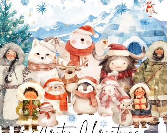 May include: Watercolor illustration of Arctic Christmas characters, including a polar bear, fox, penguin, and others, all wearing Santa hats and scarves. The image has a winter theme with snowflakes and an igloo in the background. Text reads "Arctic Christmas".