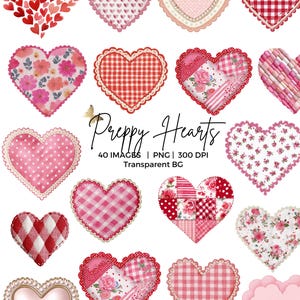 Peut inclure: Une collection de motifs en forme de cœur dans divers motifs et styles. Les motifs comprennent des imprimés floraux, du vichy, des pois et des patchworks, dans des tons de rouge, de rose et de blanc. Le texte "Preppy Hearts" est affiché.
