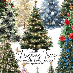 May include: A collection of watercolor Christmas trees in various styles, decorated with ornaments, bows, and lights. The image includes text that reads "Christmas Trees" and details about the image format.