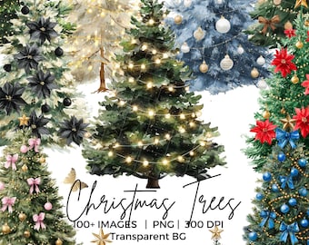 100+ Watercolor Christmas Trees PNG Clipart Large Bundle with Bow Ribbons: Brown, Gold, Pink, Blue, White, Black, Green, sublimation png