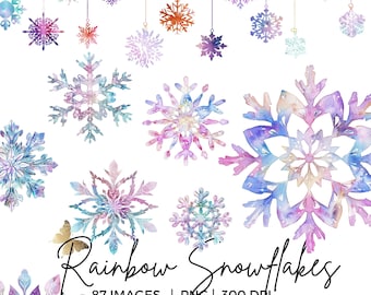 Watercolor Rainbow Snowflakes PNG, Pastel Christmas Clipart Bundle, Winter wonderland png, Cute Snowflake Ornament png, sublimation png