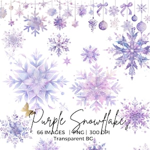 May include: Watercolor image featuring a collection of purple snowflakes in various sizes and designs. Some snowflakes are hanging from strings, while others are scattered across the image. The text "Purple Snowflakes" is displayed, along with image details.