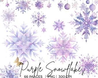 Purple Snowflakes PNG Watercolor Christmas Clipart Bundle, Purple Pastel Winter wonderland png, Cute Snowflake png ornament, sublimation png