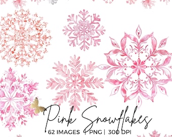 Watercolor Pink Snowflakes PNG, Pastel Christmas Clipart Bundle, Winter wonderland png, Cute Snowflake Ornament png, sublimation png