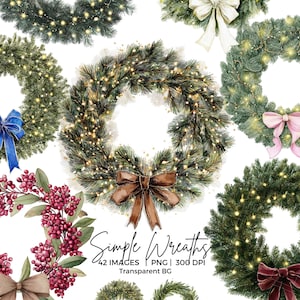 Pode incluir: Ilustrações em aquarela de grinaldas de Natal com laços e bagas. As grinaldas são decoradas com luzes e laços em várias cores, incluindo marrom, azul, rosa e branco. O texto "Simple Wreaths" também está incluído.