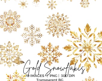 Gold Snowflakes PNG Watercolor Christmas Clipart Bundle, Gold Pastel Winter wonderland png, Cute Snowflake png ornament, sublimation png