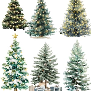 May include: Watercolor illustrations of six Christmas trees. The trees are decorated with lights, ornaments, and star tree toppers. Some trees have snow and gifts at the base. The trees are in various shades of green.