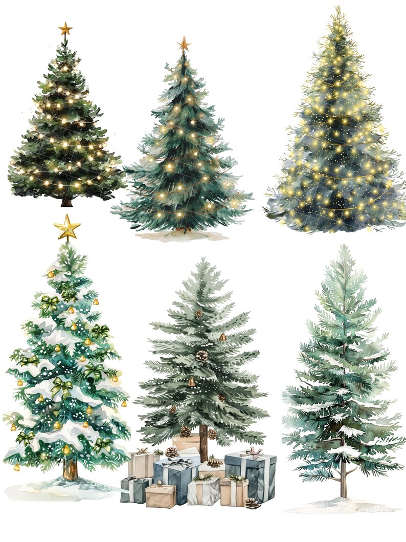 May include: Watercolor illustrations of six Christmas trees. The trees are decorated with lights, ornaments, and star tree toppers. Some trees have snow and gifts at the base. The trees are in various shades of green.