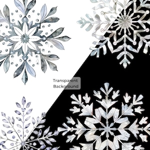 May include: Four watercolor snowflakes in shades of gray and silver are displayed against a black and white background. The snowflakes have intricate designs with leaf-like patterns and small bead-like details. The text "Transparent Background" is present.