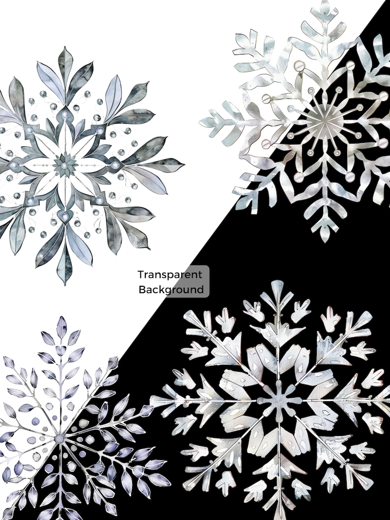 May include: Four watercolor snowflakes in shades of gray and silver are displayed against a black and white background. The snowflakes have intricate designs with leaf-like patterns and small bead-like details. The text "Transparent Background" is present.