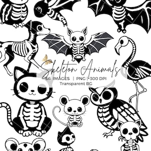 May include: A collection of black and white skeleton animal illustrations, featuring an owl, bats, a dog, a cat, mice, and a flamingo. The text "Skeleton Animals" is displayed with image details.