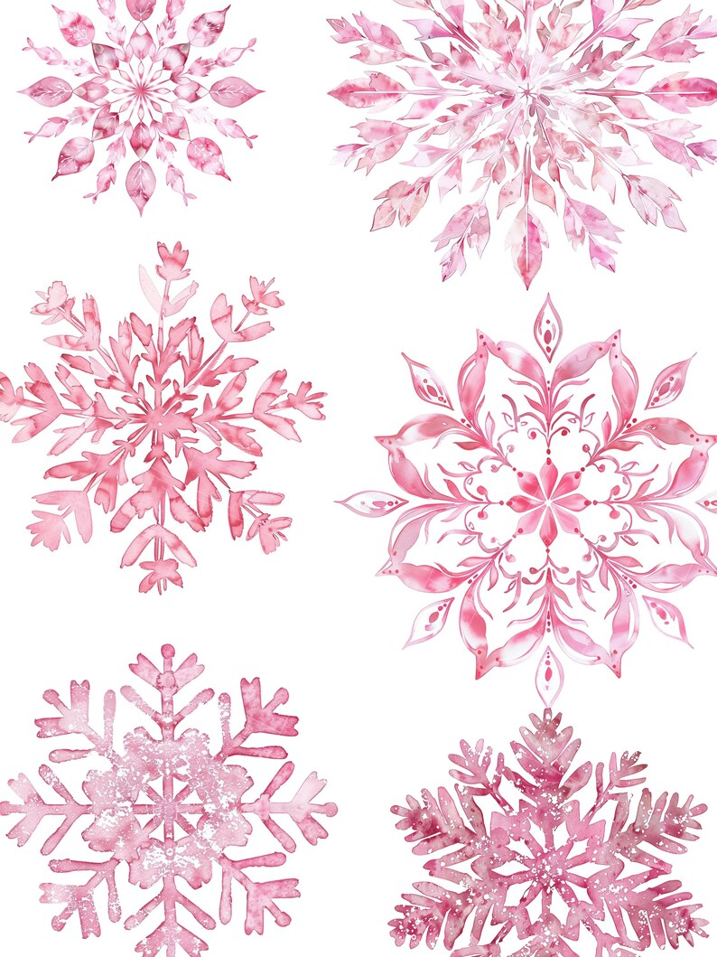 Watercolor Pink Snowflakes PNG, Pastel Christmas Clipart Bundle, Winter ...