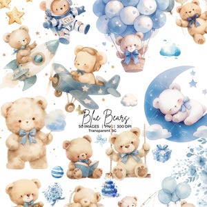 Puede incluir: Ilustraciones de acuarela de osos de peluche en varias escenas. Los osos están en un cohete, avión, globo aerostático y coche. Otros osos leen, pescan y se balancean. También está presente el texto "Blue Bears".
