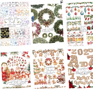 May include: A collection of digital art bundles featuring holiday themes. The image showcases various collections, including snowflake, wreath, and Christmas-themed graphics. Each bundle includes multiple images in PNG format with a transparent background.