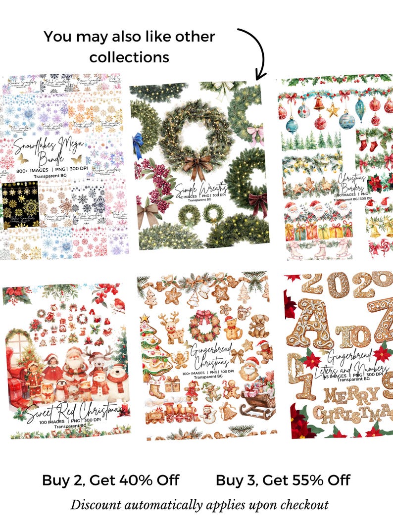 May include: A collection of digital art bundles featuring holiday themes. The image showcases various collections, including snowflake, wreath, and Christmas-themed graphics. Each bundle includes multiple images in PNG format with a transparent background.