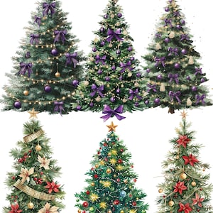 May include: Watercolor illustrations of six Christmas trees. The trees are decorated with ornaments, bows, and lights. Some trees have purple bows and ornaments, while others have red and gold decorations. Each tree is topped with a gold star.