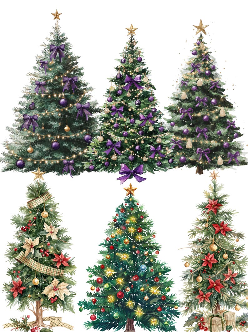 May include: Watercolor illustrations of six Christmas trees. The trees are decorated with ornaments, bows, and lights. Some trees have purple bows and ornaments, while others have red and gold decorations. Each tree is topped with a gold star.