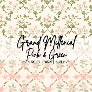 May include: Digital paper set featuring repeating floral patterns in pink and green. The design includes roses and vines on a cream background. The text "Grand Millenial Pink & Green" is displayed, along with image details.