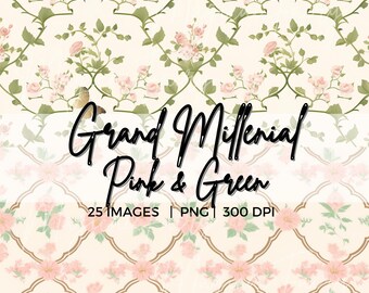 May include: Digital paper set with repeating floral patterns in pink and green. The design features roses and vines on a cream background. The text "Grand Millenial Pink & Green" is displayed, along with image details.