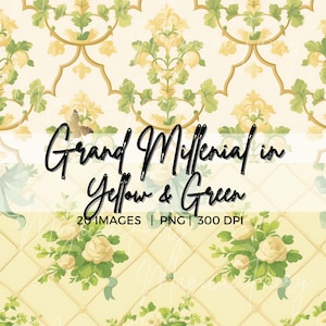 Grand Millenial Seamless Pattern Bundle PNG Preppy Green & Yellow Floral Bows Patterns Watercolor Floral Toile de Jouy Digital Paper