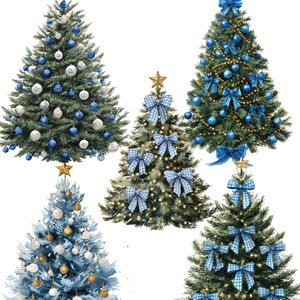 May include: Five decorated Christmas trees. The trees are adorned with blue and gold ornaments, bows, and star tree toppers. Some trees have white and blue ornaments. The trees are set against a white background.