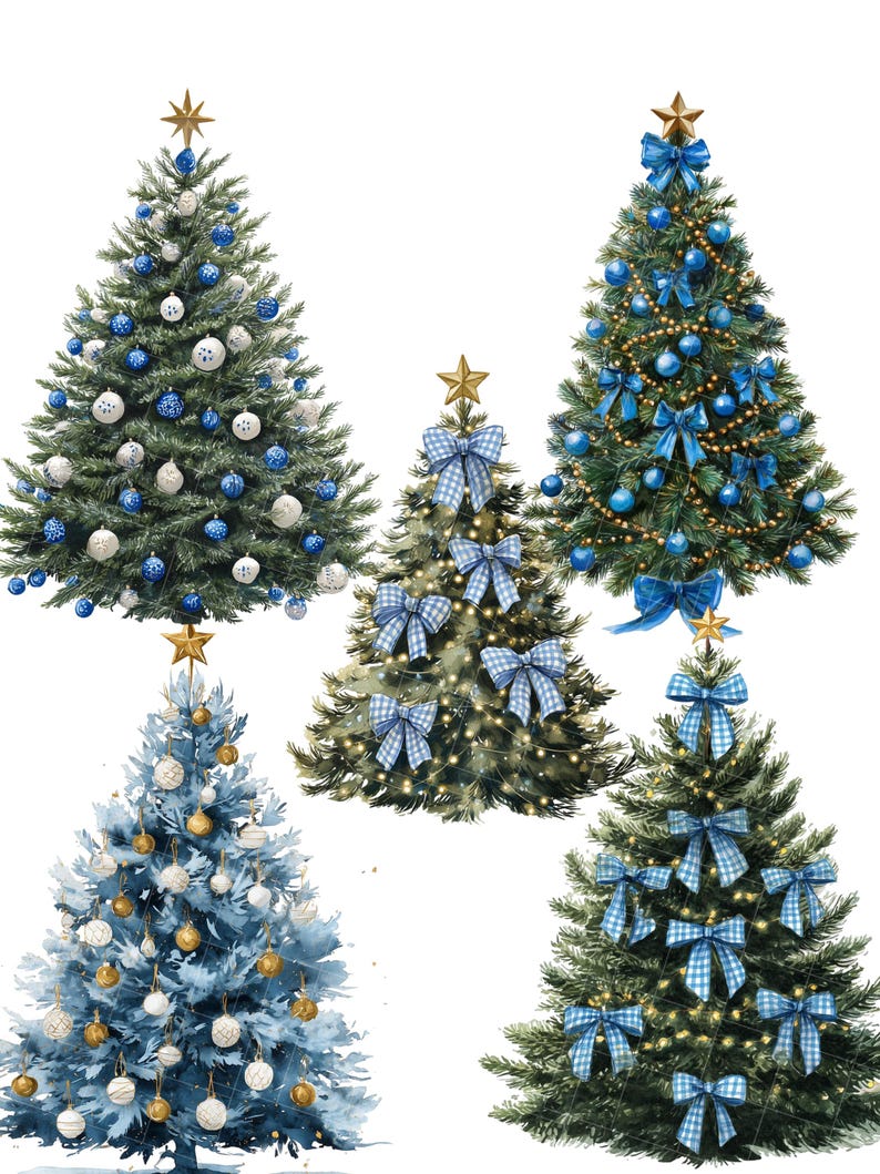 May include: Five decorated Christmas trees. The trees are adorned with blue and gold ornaments, bows, and star tree toppers. Some trees have white and blue ornaments. The trees are set against a white background.