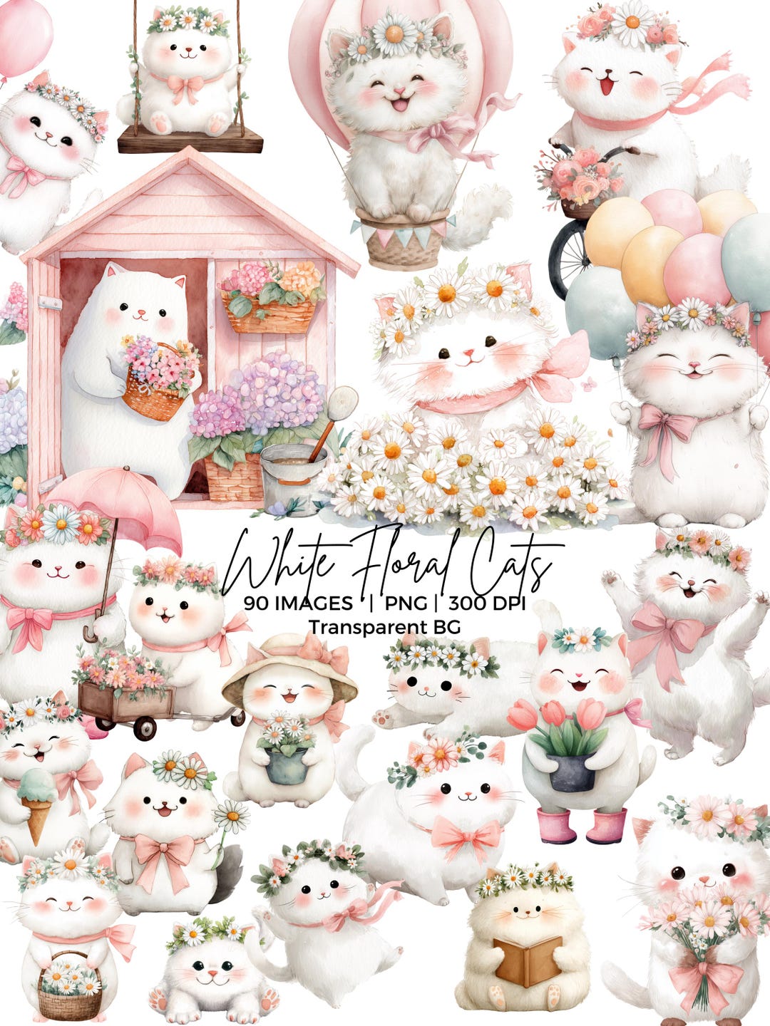 90 White Floral Cats PNG Clipart Bundle: Easter Kittens, Watercolor ...