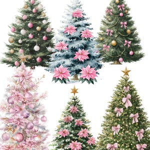 May include: Watercolor illustrations of six Christmas trees. The trees are decorated with ornaments, bows, and poinsettias in shades of pink, gold, and white. Each tree is topped with a gold star.