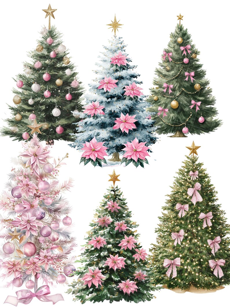 May include: Watercolor illustrations of six Christmas trees. The trees are decorated with ornaments, bows, and poinsettias in shades of pink, gold, and white. Each tree is topped with a gold star.