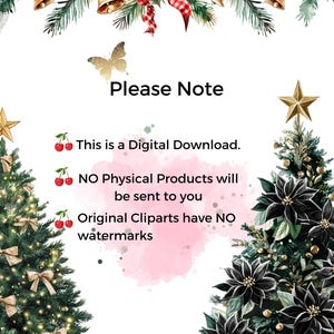 May include: A digital download graphic with a Christmas theme. The image features a festive border of holly, bells, and ribbons. Text includes "Please Note" and details about the digital download, with no physical products or watermarks.