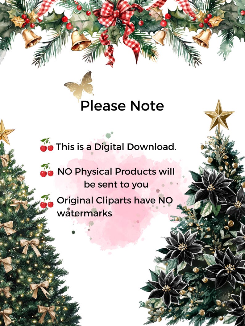 May include: A digital download graphic with a Christmas theme. The image features a festive border of holly, bells, and ribbons. Text includes "Please Note" and details about the digital download, with no physical products or watermarks.