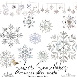 May include: A collection of silver snowflakes in various designs, some hanging from strings. The image includes the text "Silver Snowflakes" and details about the image format and resolution.