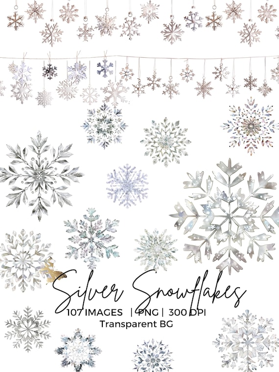Silver Snowflakes PNG Watercolor Christmas Clipart Bundle, Silver Pastel Winter wonderland png, Cute Snowflake png ornament, sublimation png