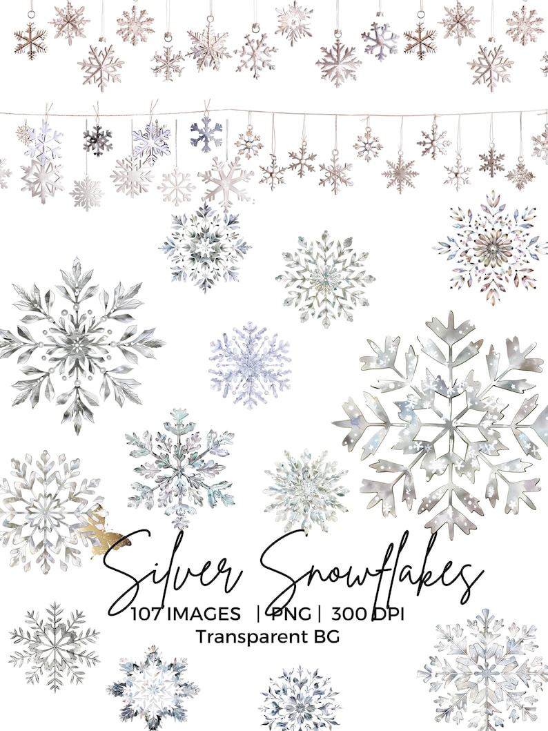 May include: A collection of silver snowflakes in various designs, some hanging from strings. The image includes the text "Silver Snowflakes" and details about the image format and resolution.