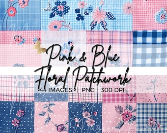 Rosa und Blaue Patchwork-nahtlose Muster, florale Grand Millenial-Muster, niedliches Steppmuster PNG-Bundle Gingham Polka Dots Digitale Papiere