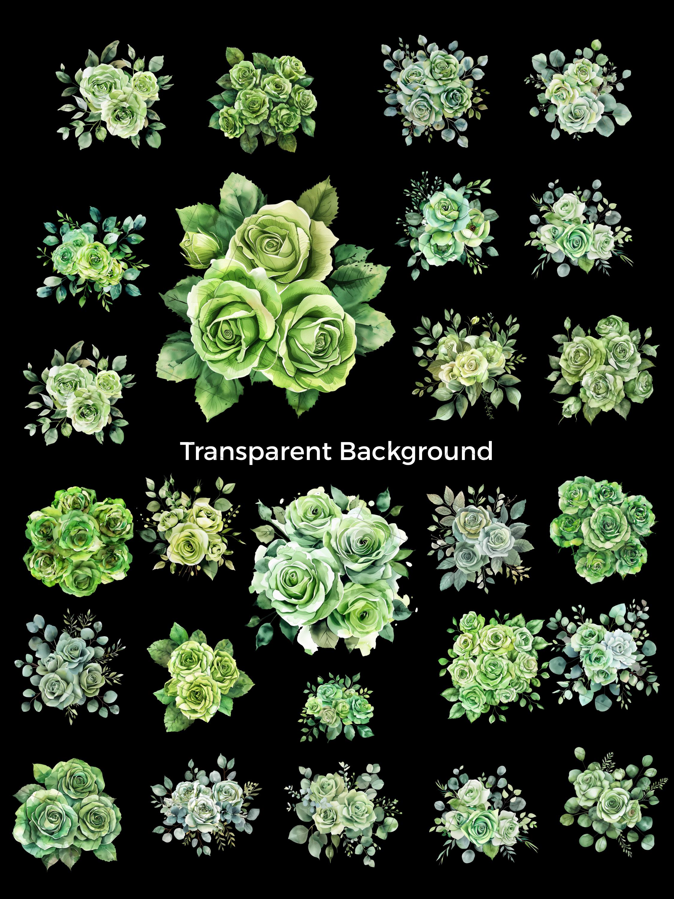 Green Roses PNG Clipart Bundle, Watercolor Green Roses Floral Bouquet ...