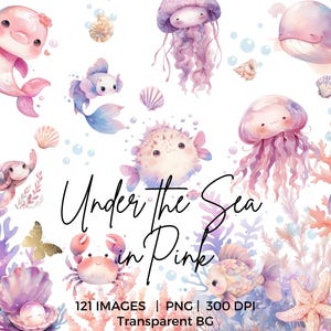 Animais marinhos fofos MEGA PACOTE Criaturas do oceano rosa Roxo Sob o mar Clipart de corais Conchas Peixes Água-viva Polvo Lula Cavalo-marinho