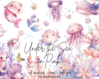 MEGA BUNDLE di simpatici animali marini, creature rosa dell'oceano, viola sotto il mare, clipart di coralli, conchiglie, pesci, meduse, polpi, calamari, cavallucci marini